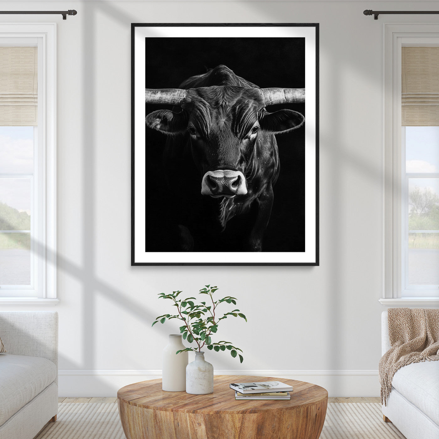 75358747-MGC-FP-36x24_Black-Texas Longhorn Wall Art Canvas Print, Framed Monochrome Bull Art Picture Print, Texas Bull Wall Art Canvas Print