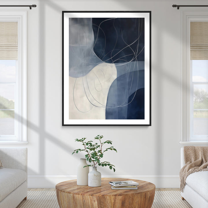 Navy Abstract Wall Art Canvas Print, Framed Minimal Lineart Art Picture Print, Abstract Shapes Perfect Minimalist Abstract Decor Artwork