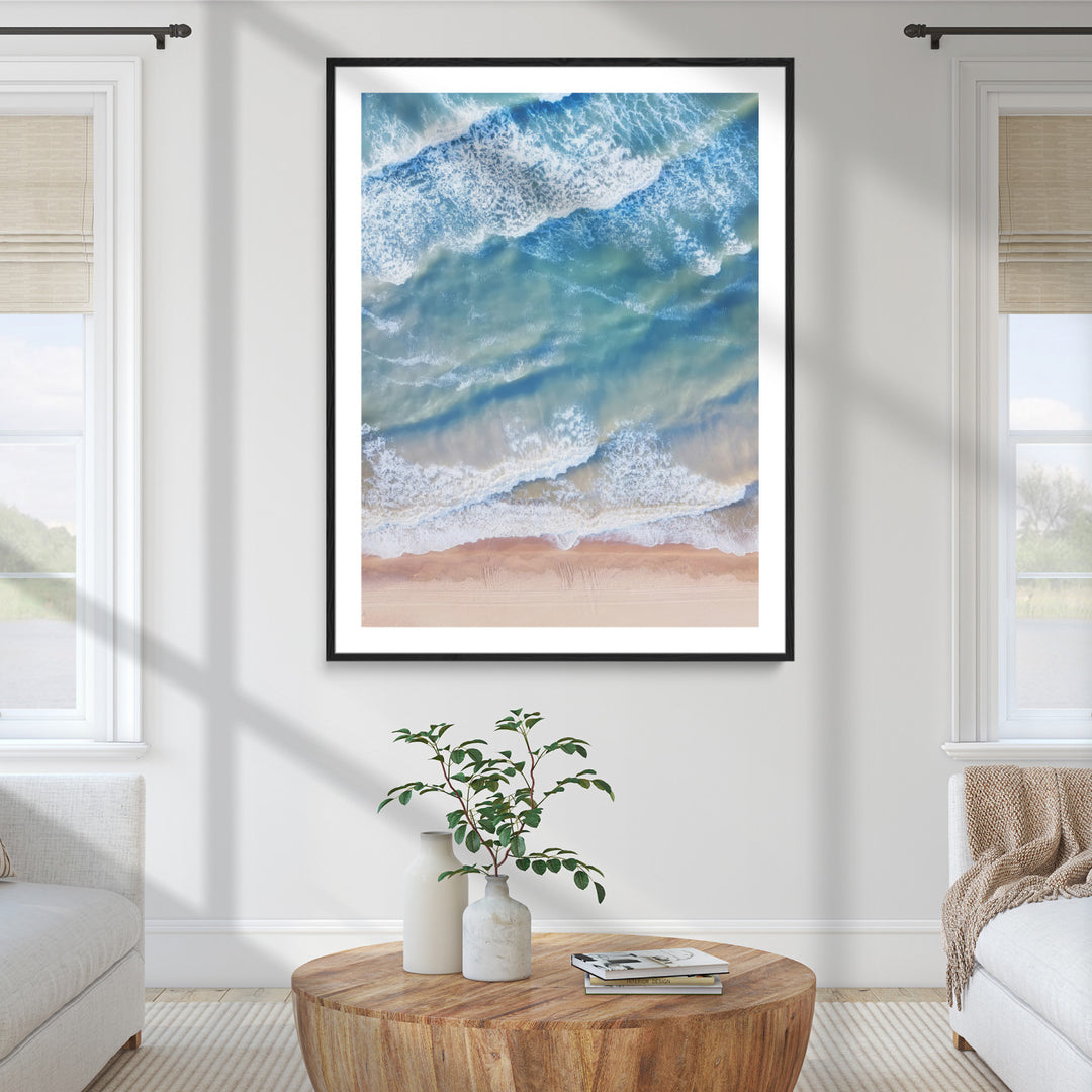 Aerial Ocean Wall Art Canvas Print, Soft Blue Waves Print, Framed Sandy Shoreline Art Print, Large Pastel Coast Printing Modern