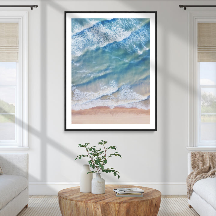 Aerial Ocean Wall Art Canvas Print, Soft Blue Waves Print, Framed Sandy Shoreline Art Print, Large Pastel Coast Printing Modern