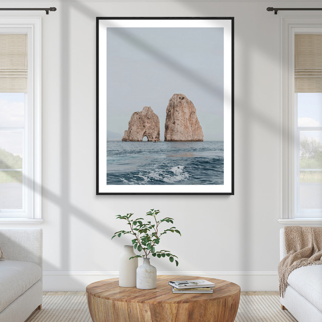 Faraglioni Capri Wall Art Canvas Print, Serene Ocean Print, Framed Mediterranean Coastal Art Print, Large Rocky Ocean Printing