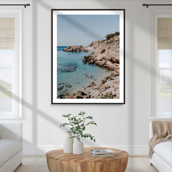 Turquoise Cove Wall Art Canvas Print, Ibiza Beach Print, Framed Mediterranean Shore Art Print, Large Clear Shoreline Printing Boho