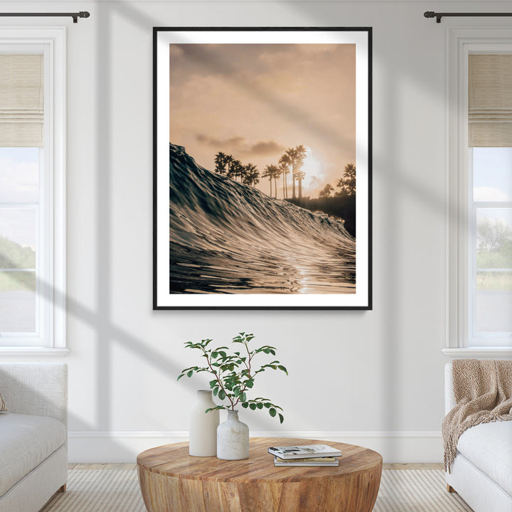 Golden Hour Ocean Wave Wall Art Canvas Print, Tropical Beach Sunset Print, Framed Palm Tree Silhouettes Art Print, Large Warm Coastal Aesthetic