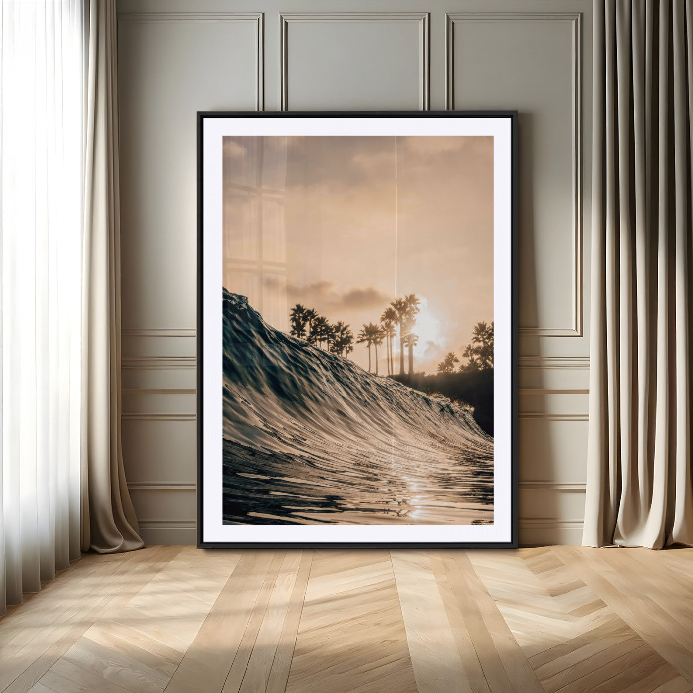 MGC-FP-24x36 - Golden Hour Ocean Wave Wall Art Canvas Print, Framed Tropical Beach Sunset Art Picture Print, Palm Tree Silhouettes Perfect Tropical Coastal Decor Artwork