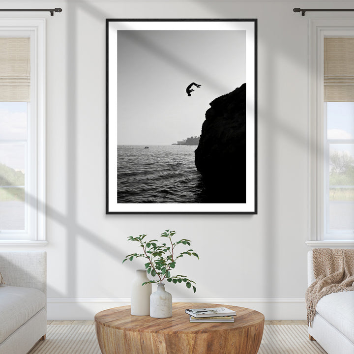 Cliff Jumping Silhouette Wall Art Canvas Print, Black White Ocean Print, Framed Monochrome Cliff Dive Art Print, Large Coast Dive Printing