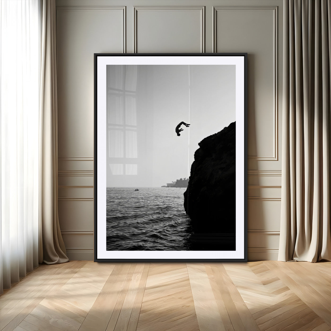 MGC-FP-24x36 - Cliff Jumping Silhouette Wall Art Canvas Print, Framed Black White Ocean Art Picture Print, Monochrome Cliff Dive Perfect Minimalist Adventure Decor Artwork