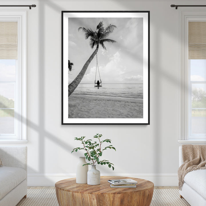 Black White Palm Tree Wall Art Canvas Print, Minimalist Beach Swing Print, Framed Monochrome Coastal Art Print, Large Tropical Ocean Printing
