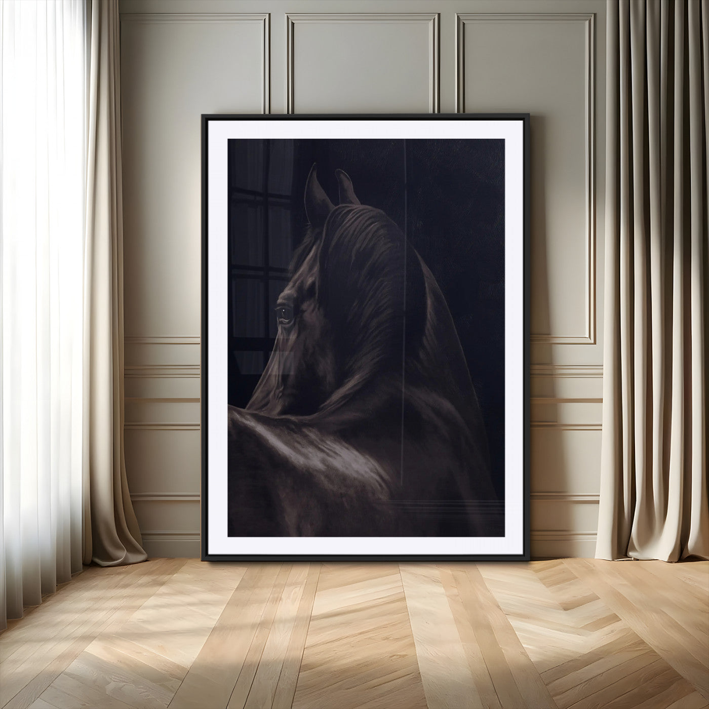 77538596-MGV-CV-24X36 - Dark Horse Wall Art – Majestic Silhouette Canvas Print, Sleek Mane, Graceful Strength, Elegant Equine Form, Timeless Beauty Decor for Home or Office
