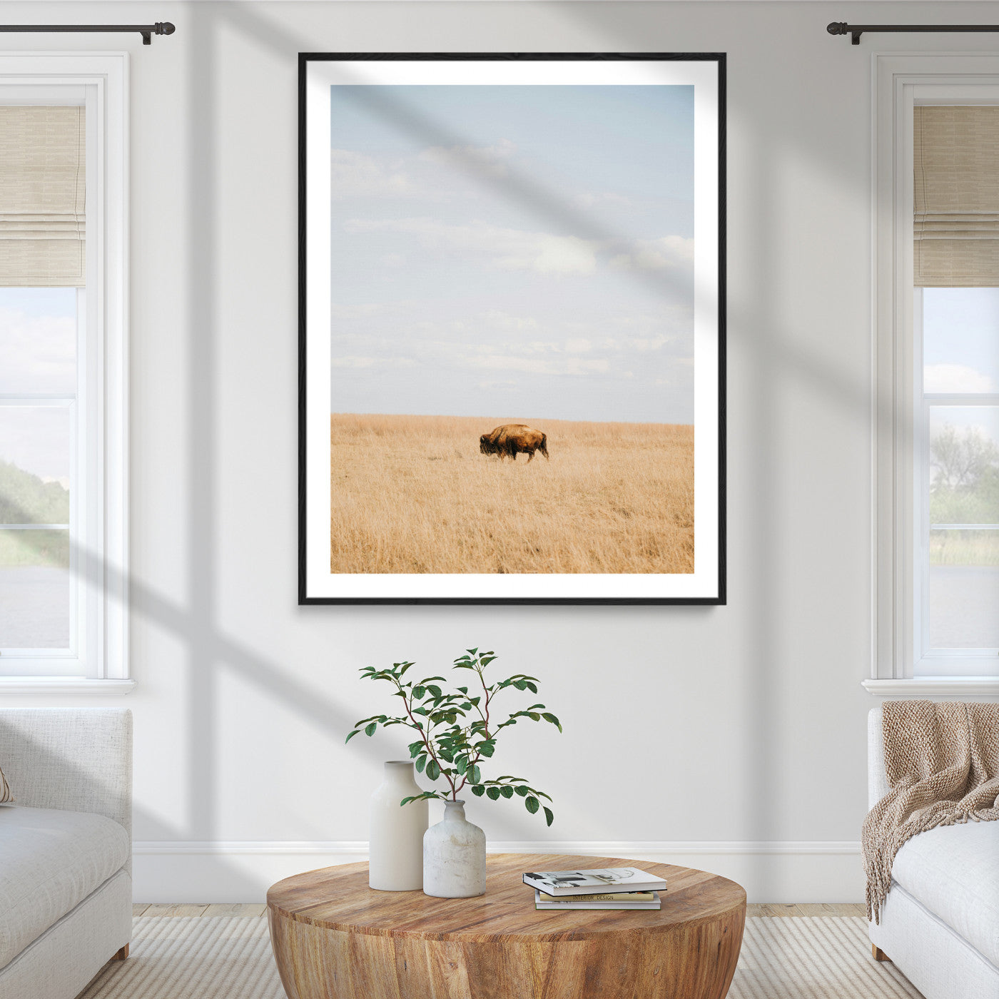 96766166-MGC-FP-24x36_Black-Minimalist Nature Wall Art Canvas Print, Framed Bison In Grassland Art Print, Open Field Perfect Modern Ranch Decor Decor Artwork