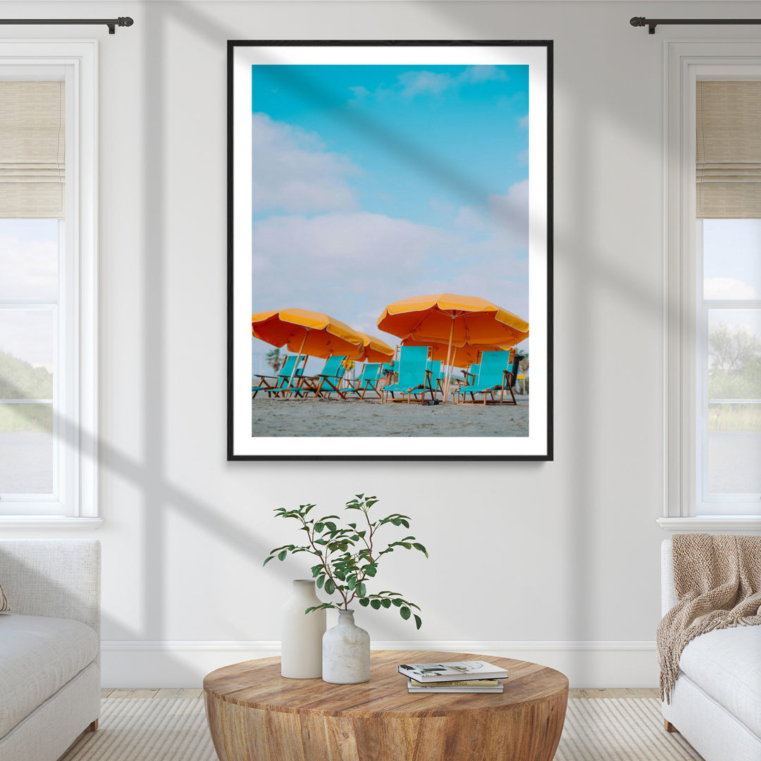 Beach Umbrellas Wall Art Canvas Print, Framed Coastal Vibes Art Picture Print, Tropical Paradise Perfect Coastal Boho Decor Artwork