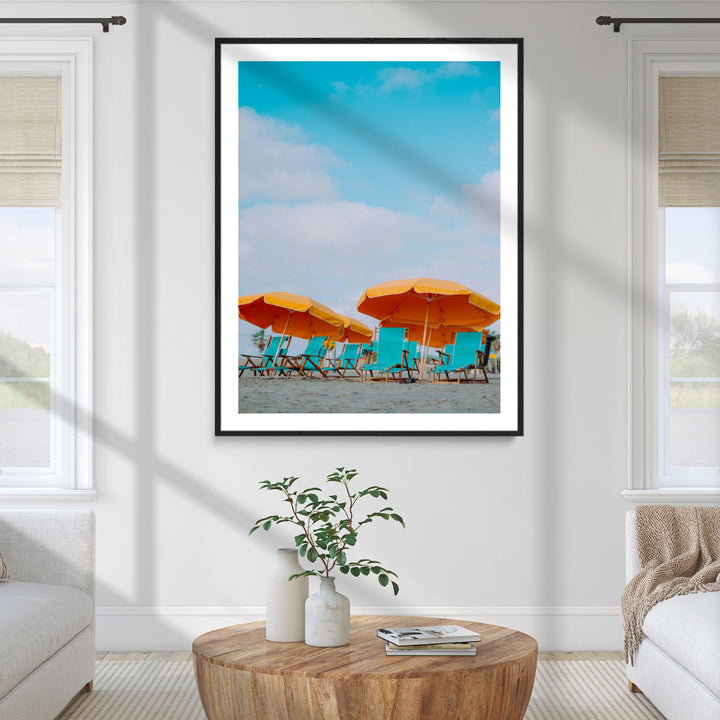 Beach Umbrellas Wall Art Canvas Print, Framed Coastal Vibes Art Picture Print, Tropical Paradise Perfect Coastal Boho Decor Artwork