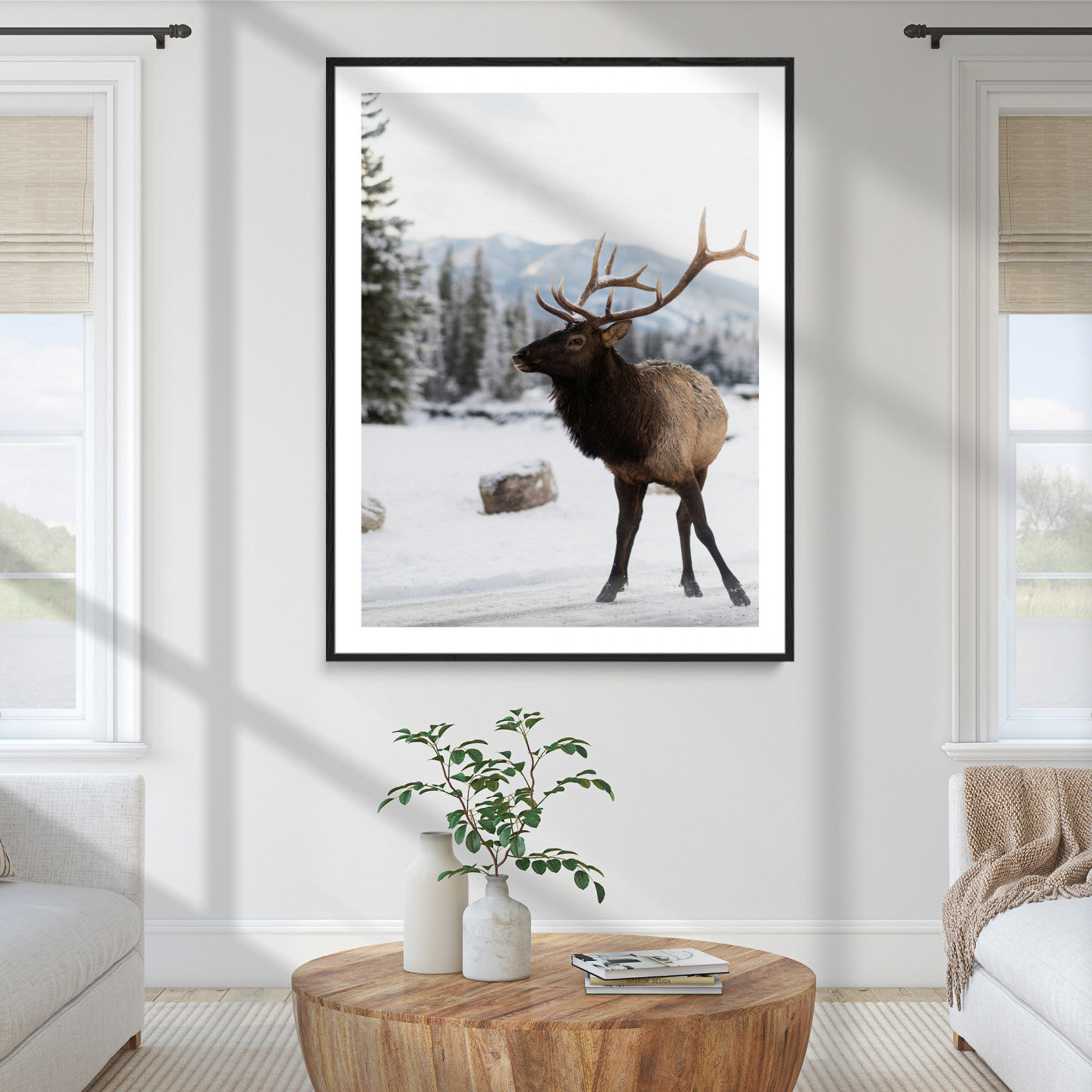 Elk Photography Wall Art Canvas Print, Framed Winter Wildlife Art Picture Print, Snowy Mountains Perfect Rustic Cabin Decor Decor Artwork