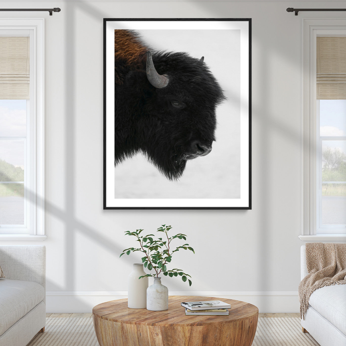 Western Rustic Wall Art Canvas Print, Framed Buffalo Photography Art Picture Print, Black and White Wildlife Perfect Modern Ranch Decor