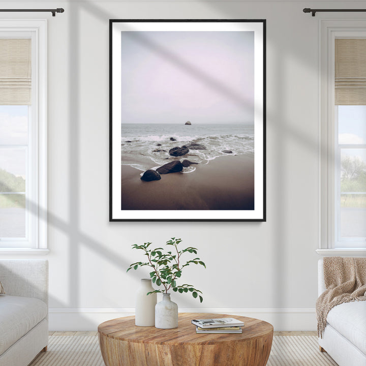 Moody Seascape Wall Art Canvas Print, Framed Neutral Beach Art Picture Print, Foggy Ocean Perfect Minimalist Decor Artwork