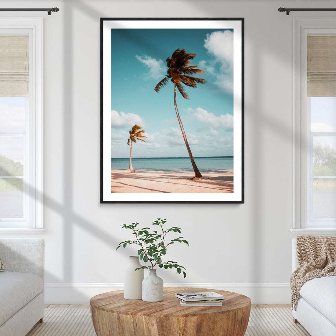 Tropical Beach Wall Art Canvas Print, Framed Coastal Palm Trees Serene Ocean View