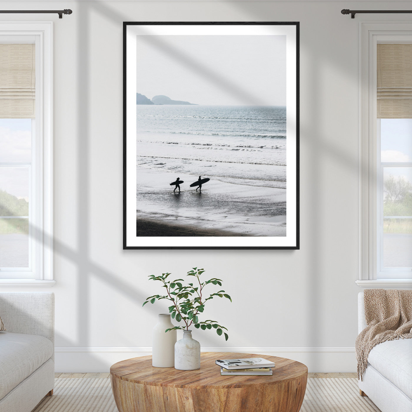 58090796-MGC-FP-24x36_Black-Surfer Silhouettes Wall Art Canvas Print, Framed Minimalist Ocean Art Picture Print