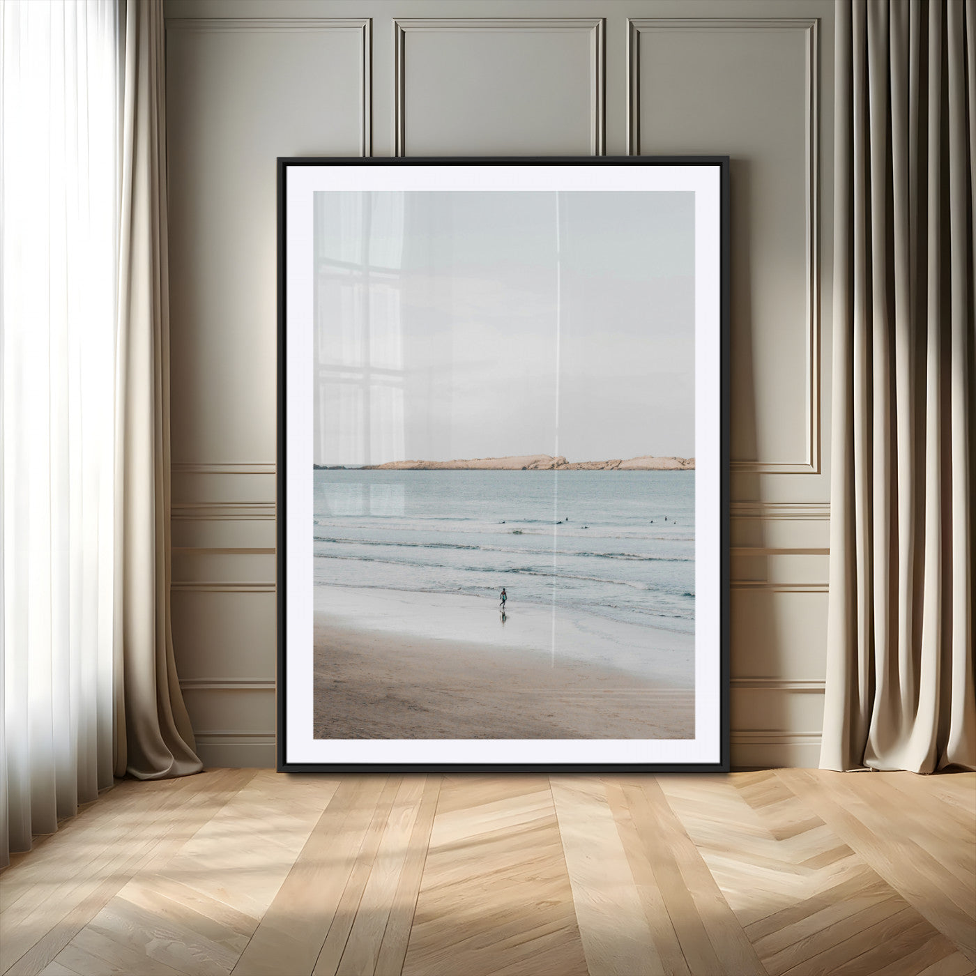 MGC-FP-24x36 - Minimalist Beach Wall Art Canvas Print, Framed Soft Blue Tones Art Picture Print, Tranquil Ocean Perfect Coastal Minimalist Decor Artwork