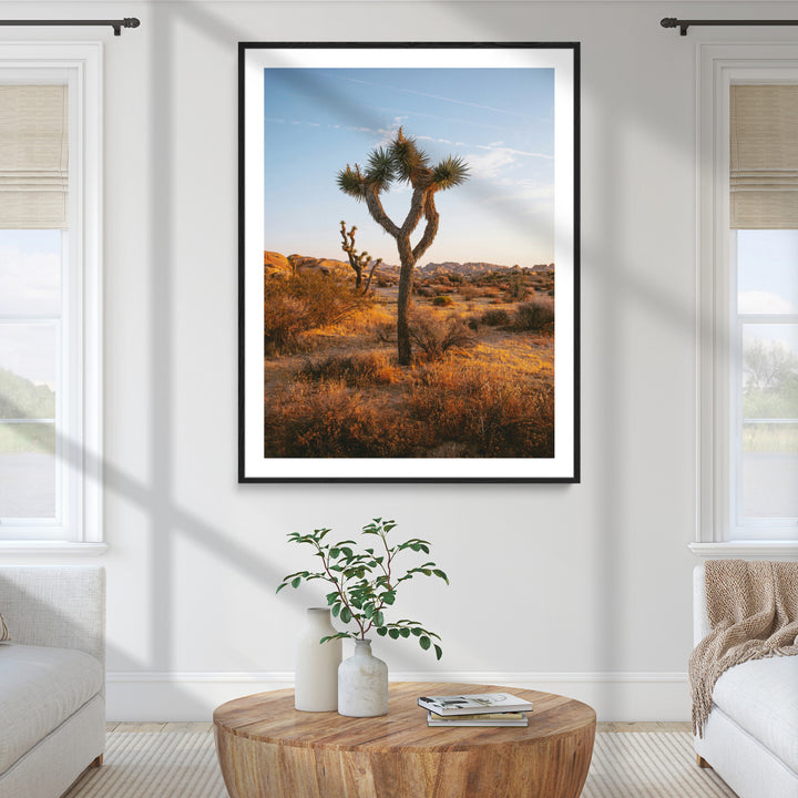 Framed Joshua Tree Print, Golden Hour Desert Print, Framed Sunset Glow Art Print, Large Arid Terrain Printing Southwestern