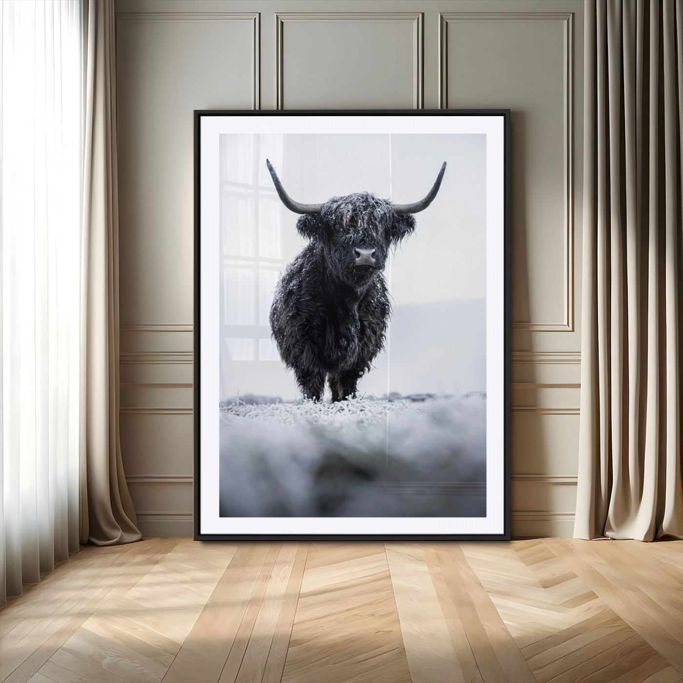 MGC-FP-24x36 - Frosty Black Highland Wall Art Canvas Print, Framed Moody Winter Aesthetic Art Picture Print, Scottish Highlands Perfect Modern Rustic Decor Artwork