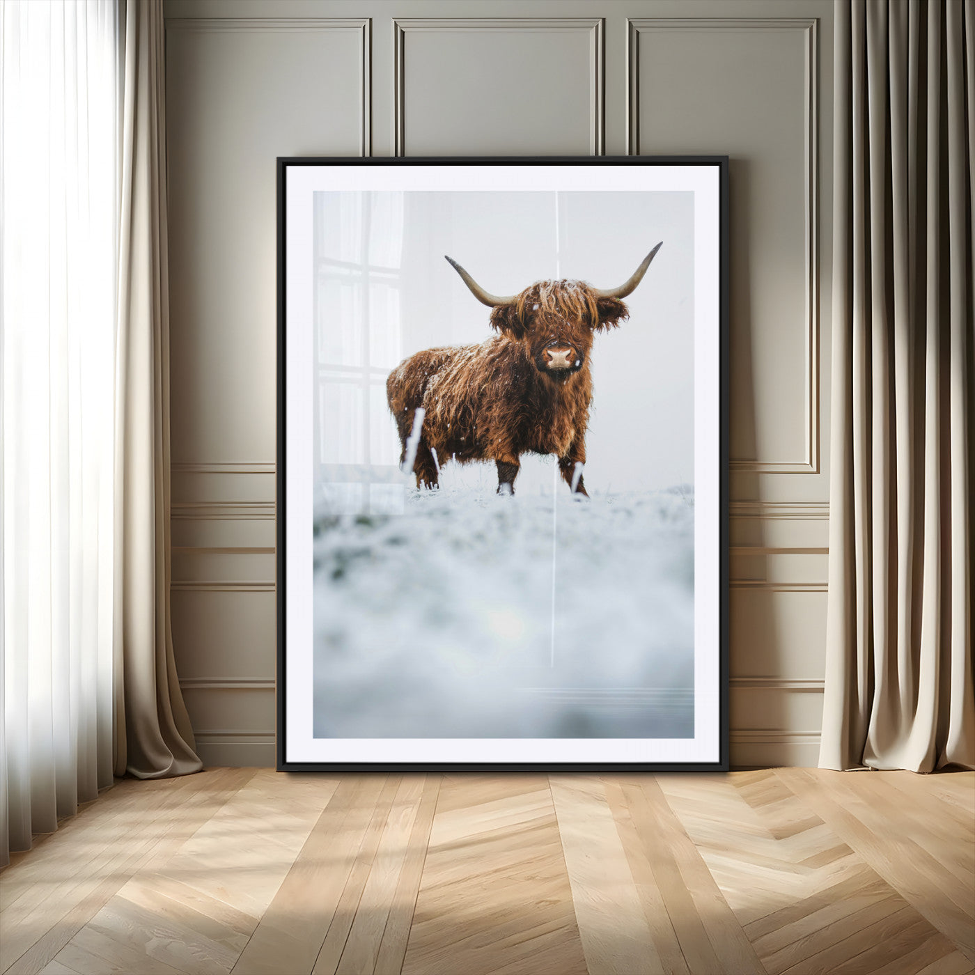 MGC-FP-24x36 - Highland Cow Wall Art Canvas Print, Framed Horned Cow Art Picture Print, Scottish Cattle Perfect Farmhouse Decor Artwork