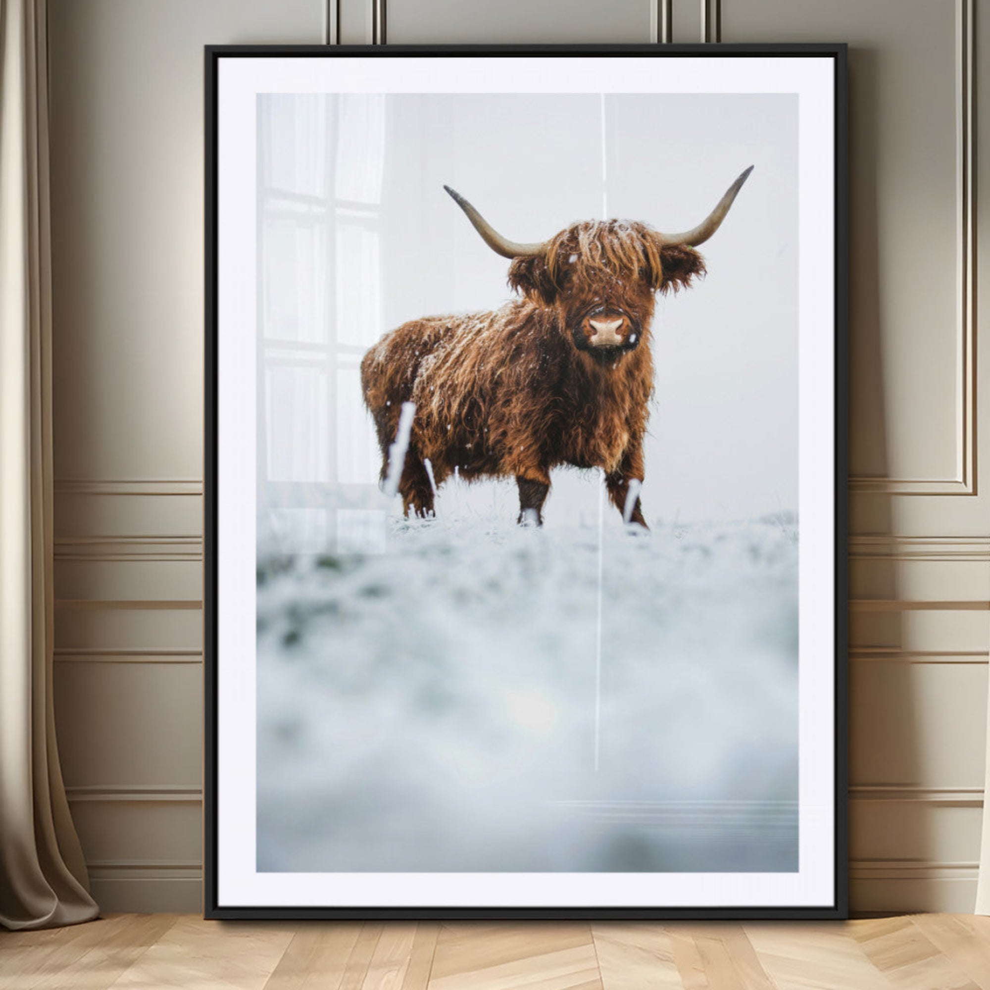 10990125-MGC-FP-24x36_Black-Highland Cow Wall Art Canvas Print – Framed Horned Scottish Cattle Rustic Farmhouse Animal Artwork for Home, Office
