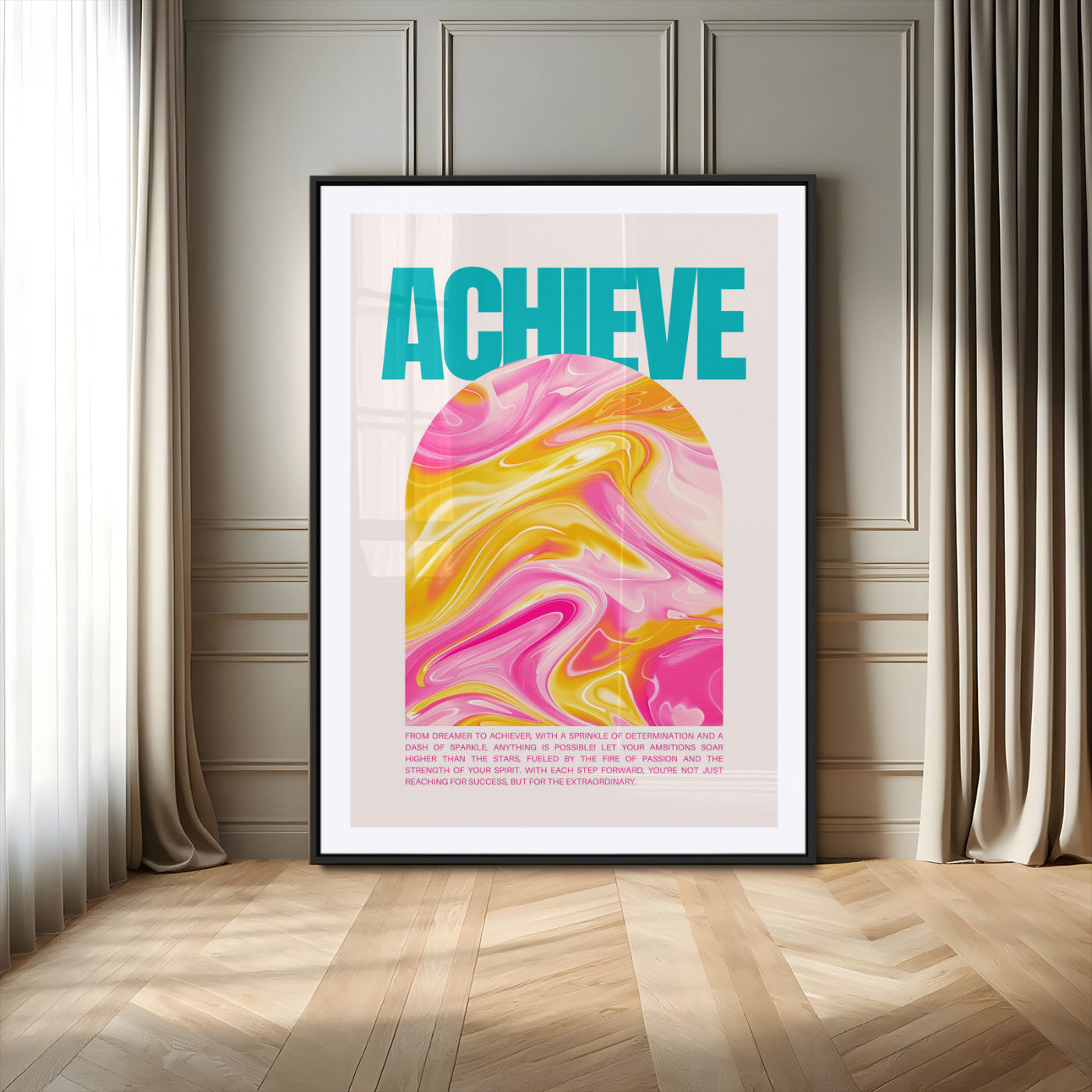 MGC-FP-24x36 - Achieve Motivational Poster Canvas Wall Art – Inspirational Abstract Pink & Yellow Swirls, Positive Quote Decor for Office, Home