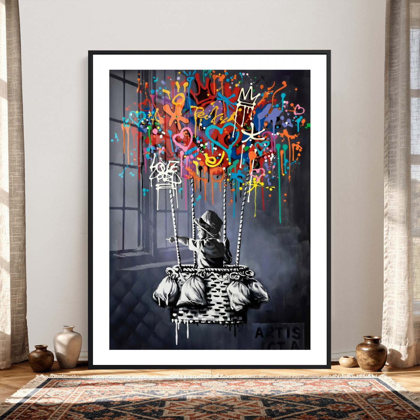 87352999-MGV-CV-24X36 - Banksy Inspired Boy Swing Wall Art Canvas Print, Graffiti Balloon Hearts Street Art, Colorful Urban Mural Artwork for Modern Living Room Decor