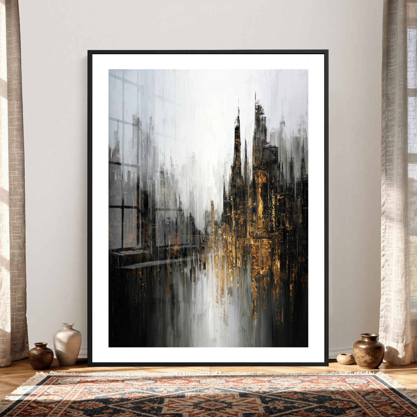 39629486-MGV-CV-24X36 - Abstract Urban Reflection Wall Art Canvas Print, Gold Black Modern Architecture Canvas Print, Contemporary Moody City Artwork for Living Room Decor