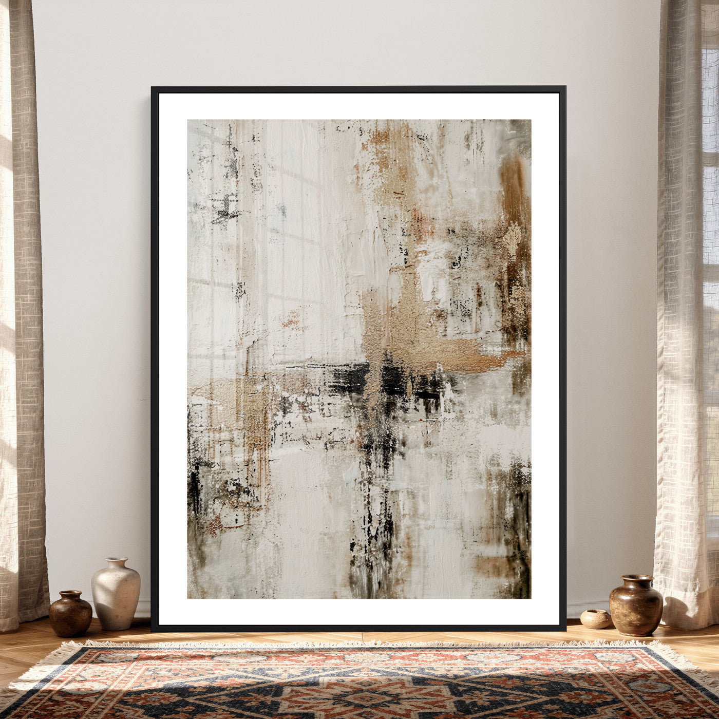 381262454-MGV-CV-24X36 - Neutral Abstract Wall Art Canvas Print, Beige Black Textured Modern Canvas Print, Minimalist Contemporary Artwork for Living Room Decor