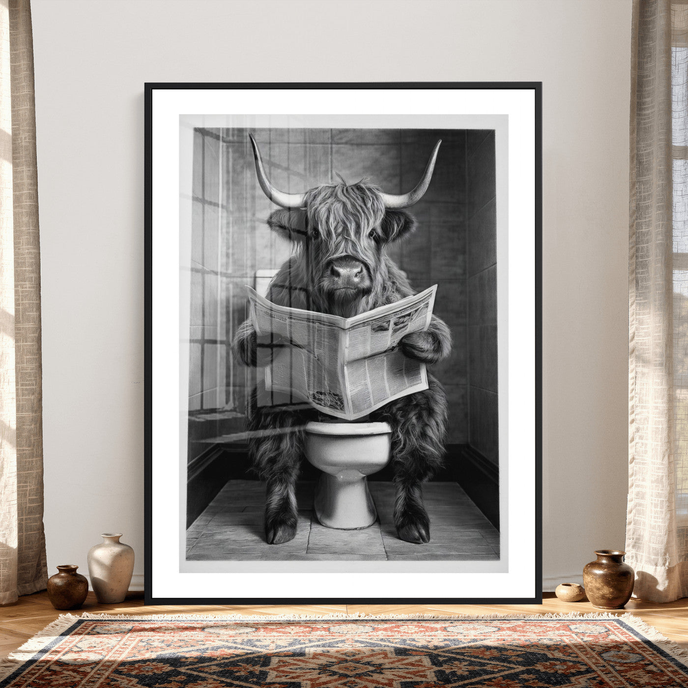 56930218-MGV-CV-24X36 - Funny Bathroom Canvas Wall Art, Texas Longhorn on Toilet Reading Newspaper, Humor Animal Print, Farmhouse Bathroom Decor, Quirky Cow Gift, Toilet Room Art
