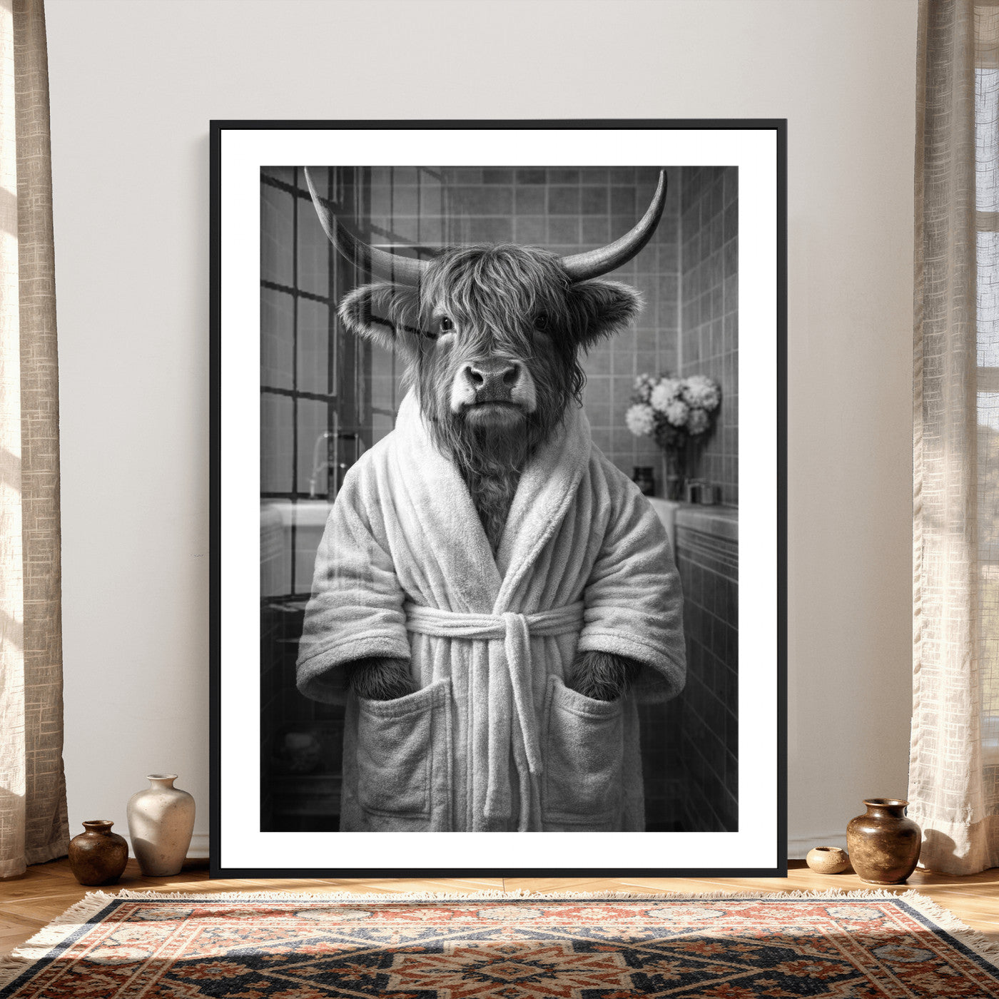 98453723-MGV-CV-24X36 - Funny Bathroom Wall Art Canvas Print, Highland Cow in Bathrobe, Black and White Humor Decor, Animal Bathroom Print, Farmhouse Bathroom Art