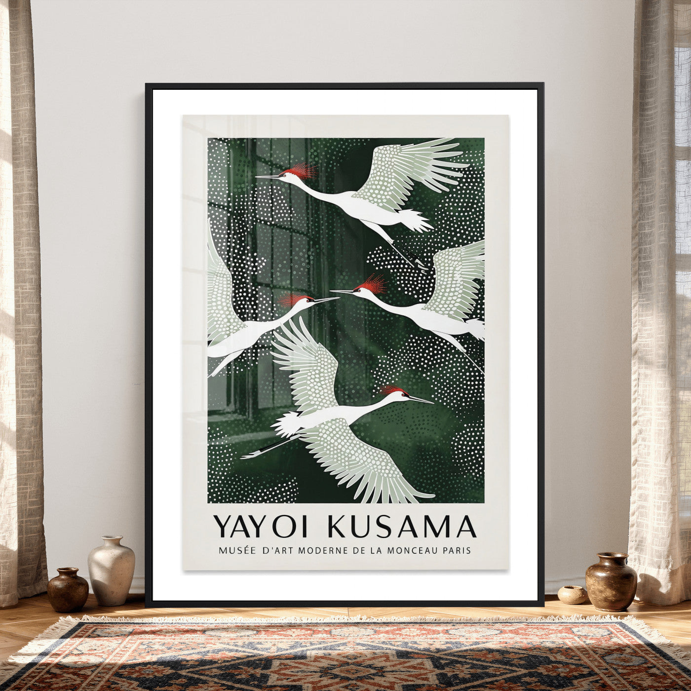 63036906-MGV-CV-24X36 - Yayoi Kusama Crane Bird Wall Art Canvas Print, Japanese Inspired Flying Heron Framed Artwork, Green Botanical Nature Decor for Living Room Bedroom Office
