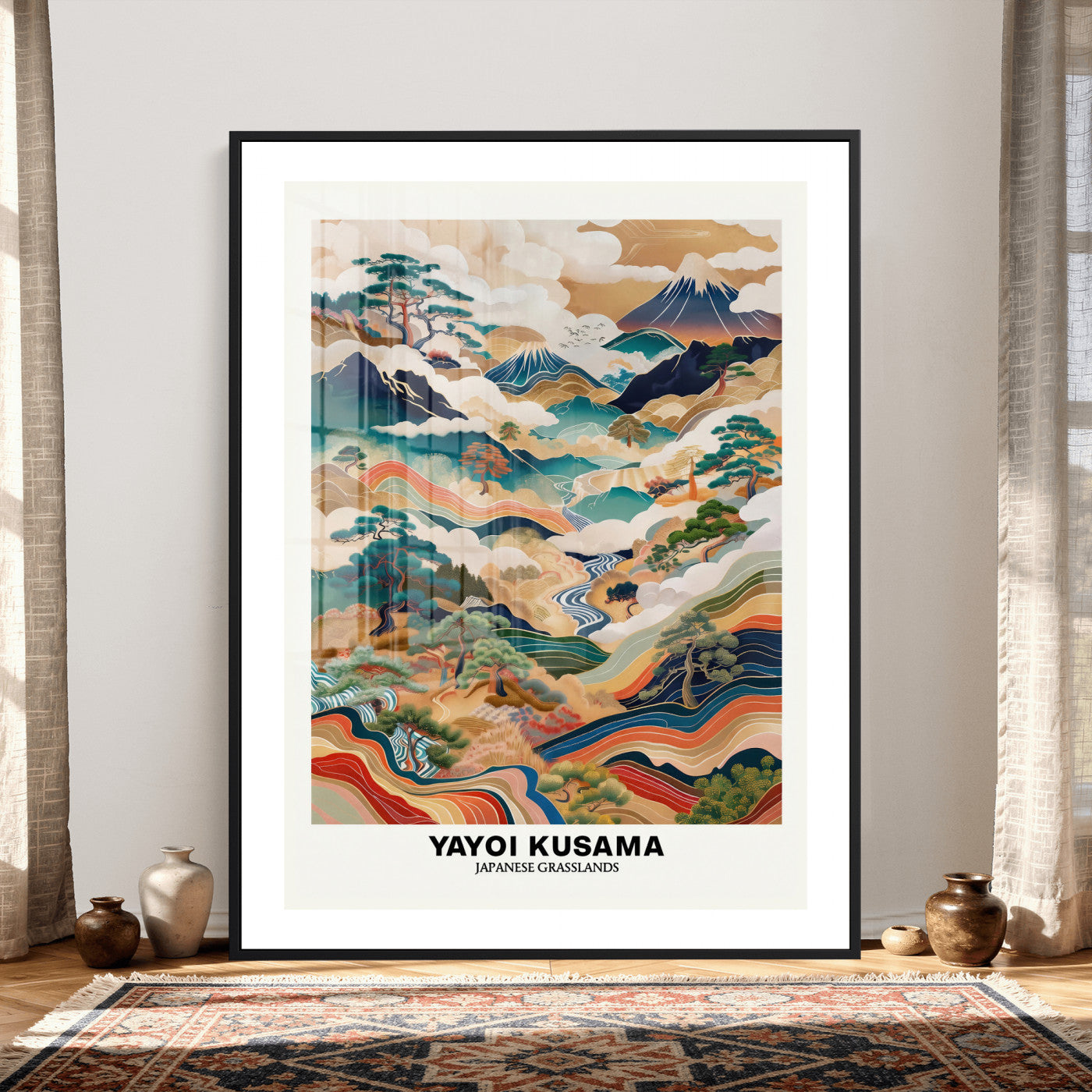 71553303-MGV-CV-24X36 - Yayoi Kusama Japanese Landscape Wall Art Canvas Print, Colorful Mountain and River Framed Artwork, Nature Inspired Asian Scenic Decor for Living Room Bedroom Office