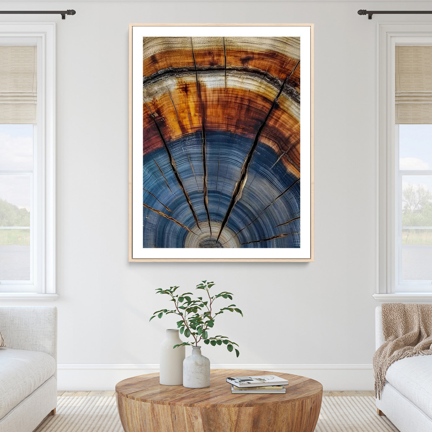 Tree Rings Wall Art Canvas Print, Framed Wood Texture Art Picture Print, Blue Grain Perfect Rustic Modern Decor Artwork