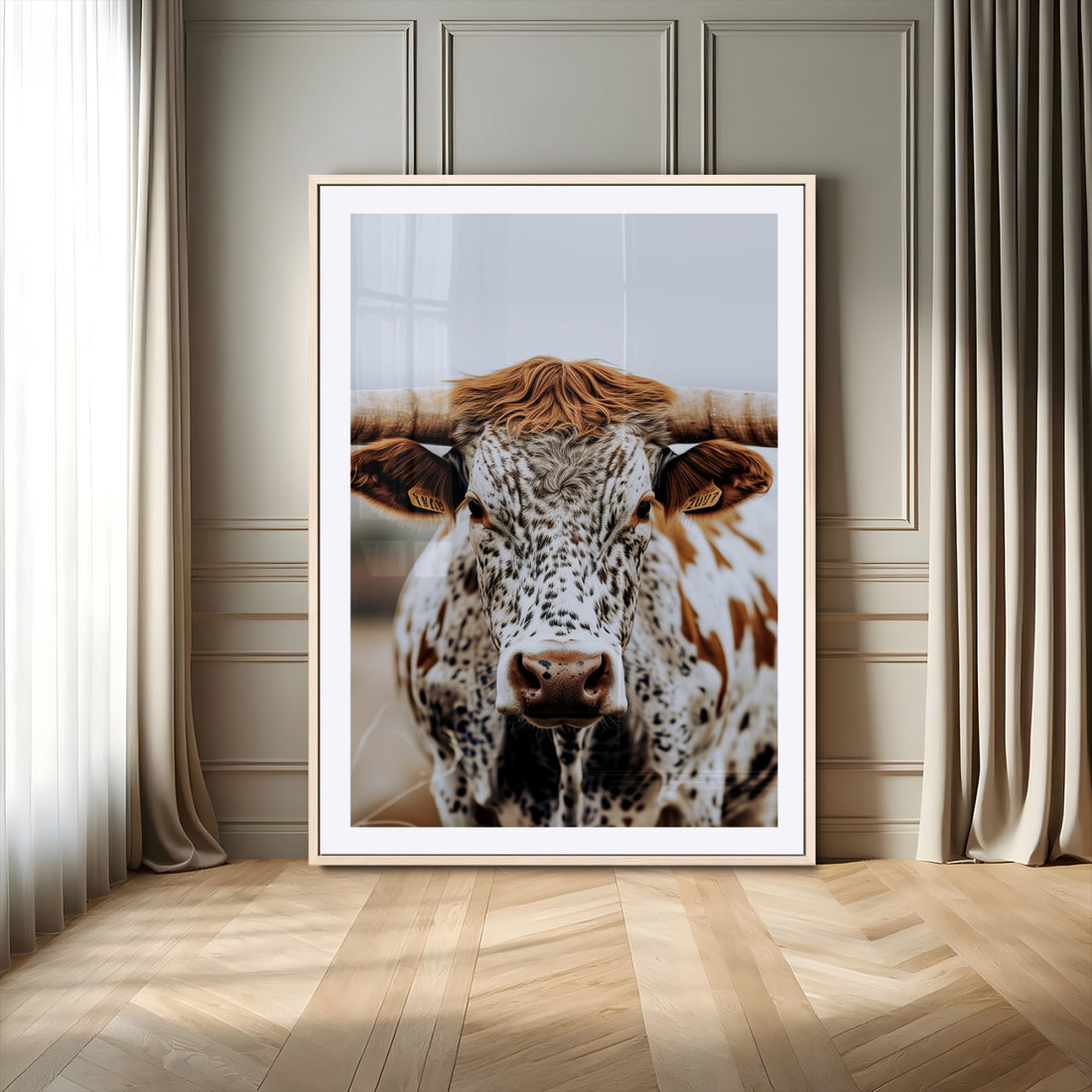 Texas Longhorn Wall Art Canvas Print | Spotted Horned Cattle Front View