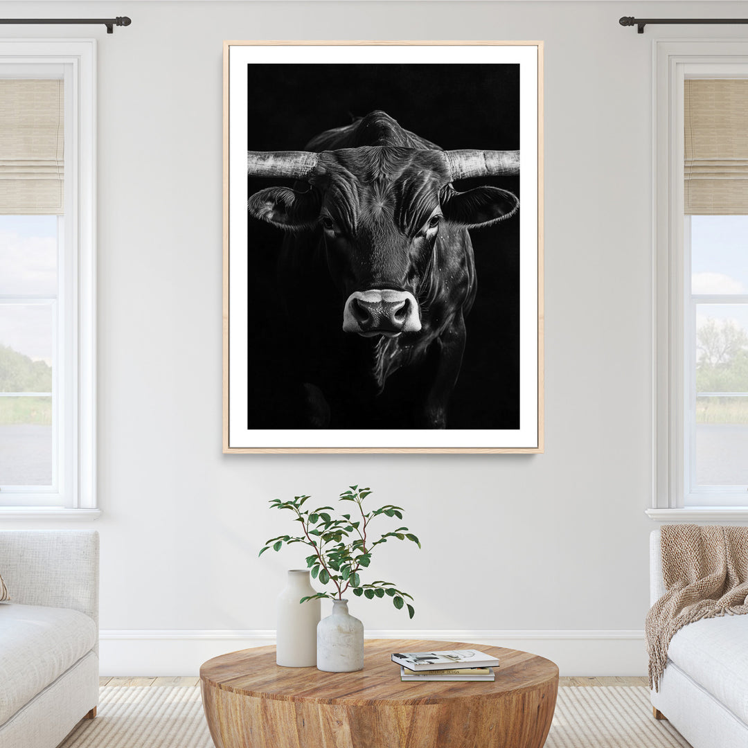 Texas Longhorn Wall Art Canvas Print, Framed Monochrome Bull Art Picture Print, Texas Bull Wall Art Canvas Print