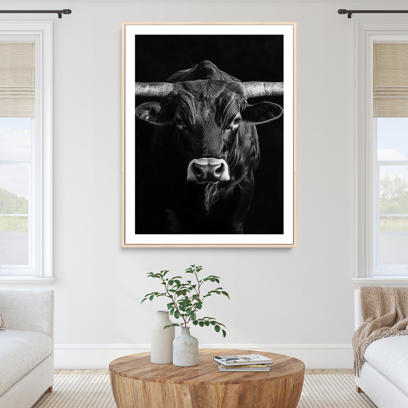 Texas Longhorn Wall Art Canvas Print, Framed Monochrome Bull Art Picture Print, Texas Bull Wall Art Canvas Print