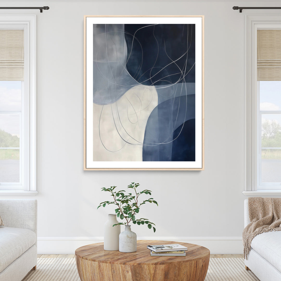 Navy Abstract Wall Art Canvas Print, Framed Minimal Lineart Art Picture Print, Abstract Shapes Perfect Minimalist Abstract Decor Artwork