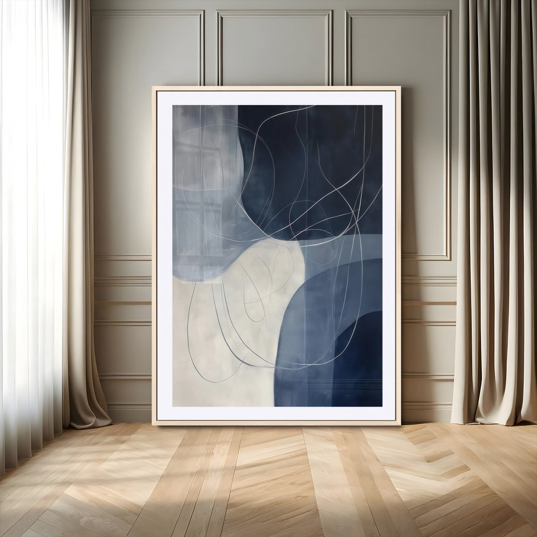 Navy Abstract Wall Art Canvas Print | Framed Minimal Line Art