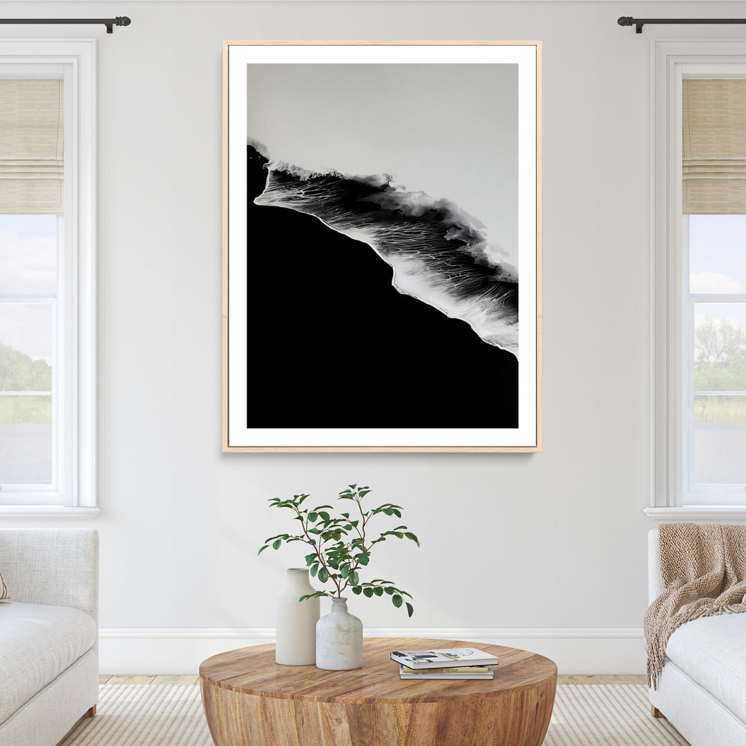 Ocean Wave Wall Art Canvas Print, Abstract Wave Print, Framed Monochrome Sea Art Print, Large Ink Wave Form Printing Perfect for Modern