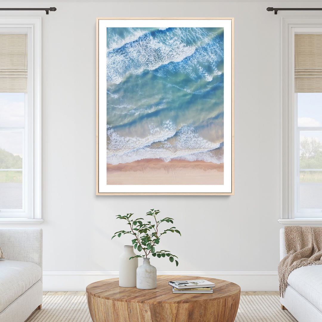 Aerial Ocean Wall Art Canvas Print, Soft Blue Waves Print, Framed Soft Blue Waves Canvas