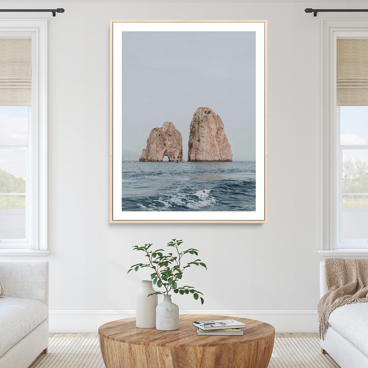 Faraglioni Capri Wall Art Canvas Print, Serene Ocean Print, Framed Mediterranean Coastal Art Print, Large Rocky Ocean Printing