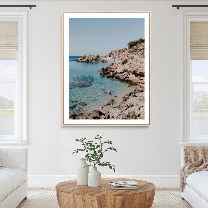 Turquoise Cove Wall Art Canvas Print, Ibiza Beach Print, Framed Mediterranean Shore Art Print, Large Clear Shoreline Printing Boho