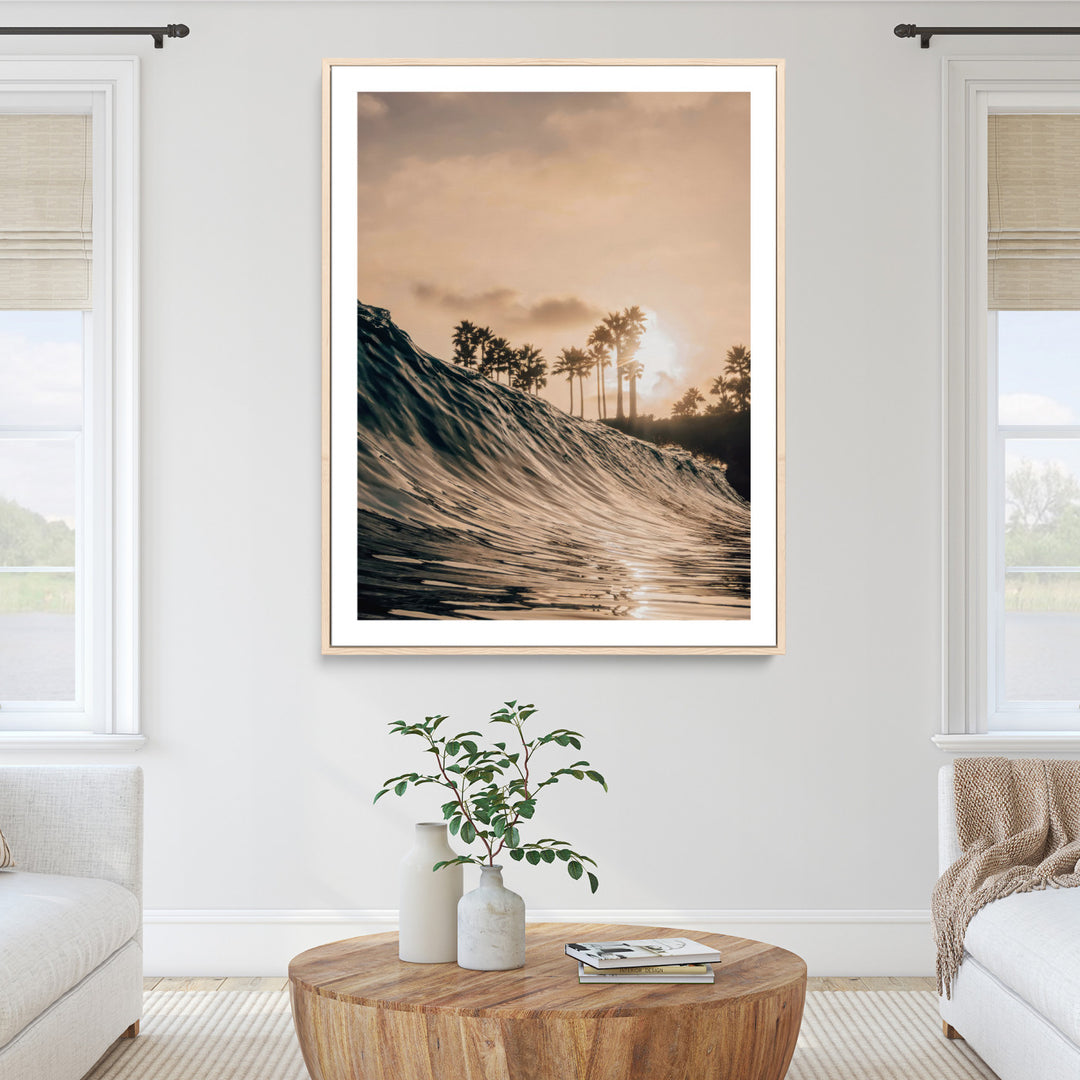 Golden Hour Ocean Wall Art Canvas Print, Tropical Beach Sunset Print, Framed Palm Tree Silhouettes Art Print, Large Warm Coastal