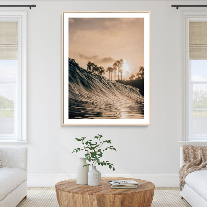 Golden Hour Ocean Wall Art Canvas Print, Tropical Beach Sunset Print, Framed Palm Tree Silhouettes Art Print, Large Warm Coastal