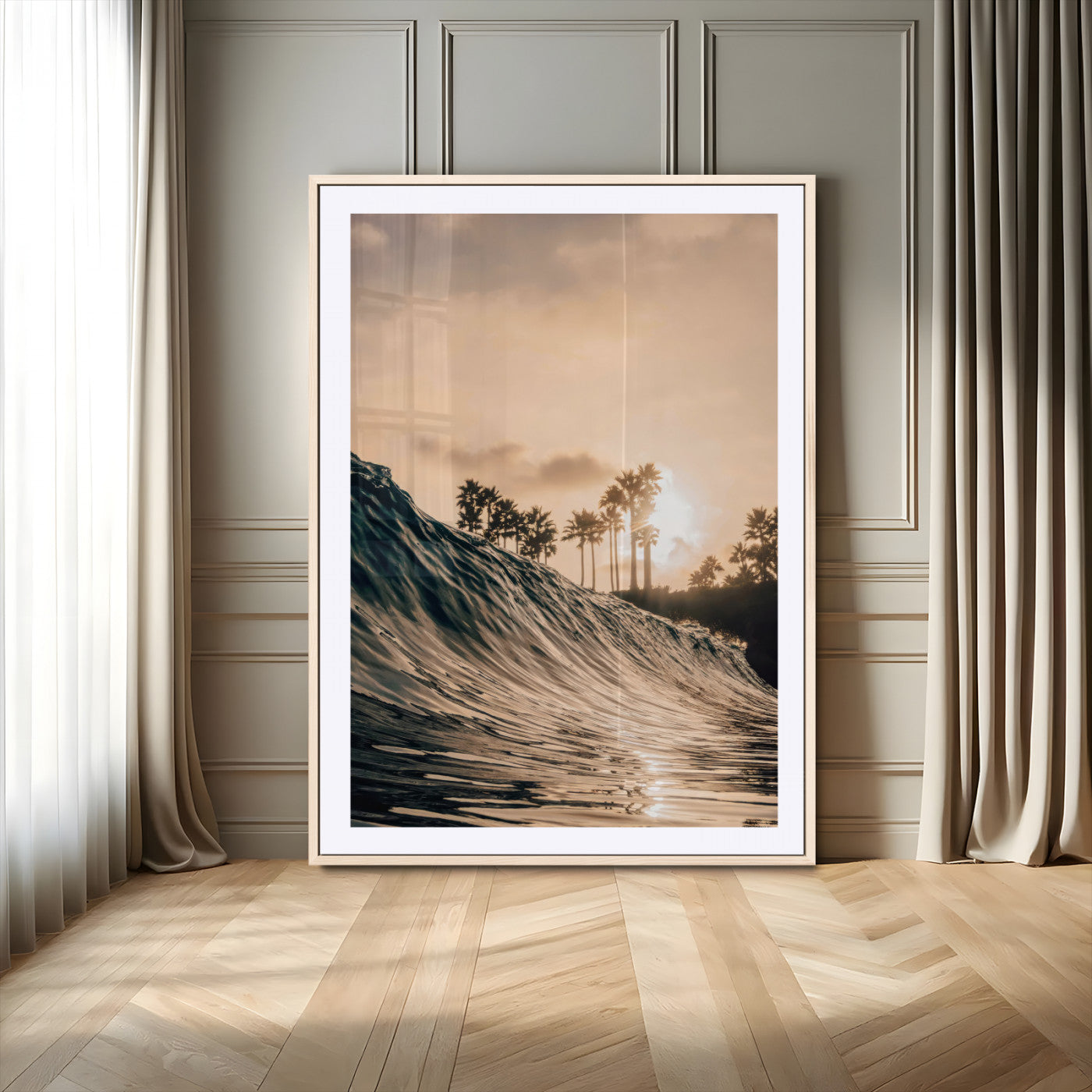 MGC-FP-24x36 - Golden Hour Ocean Wave Wall Art Canvas Print, Framed Tropical Beach Sunset Art Picture Print, Palm Tree Silhouettes Perfect Tropical Coastal Decor Artwork