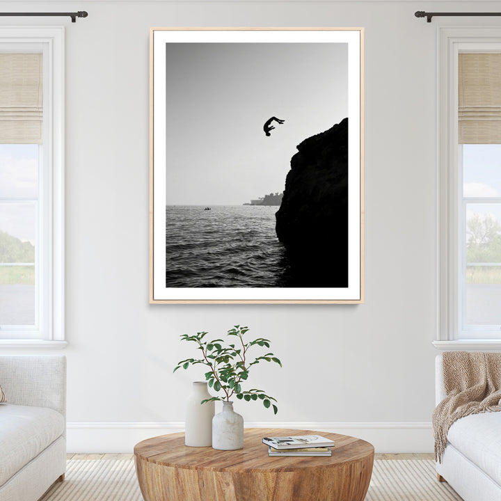 Cliff Jumping Wall Art Canvas Print, Black White Ocean Print, Framed Monochrome Cliff Dive Art Print, Large Coast Dive Printing,