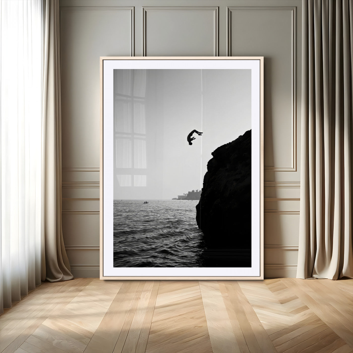 MGC-FP-24x36 - Cliff Jumping Silhouette Wall Art Canvas Print, Framed Black White Ocean Art Picture Print, Monochrome Cliff Dive Perfect Minimalist Adventure Decor Artwork