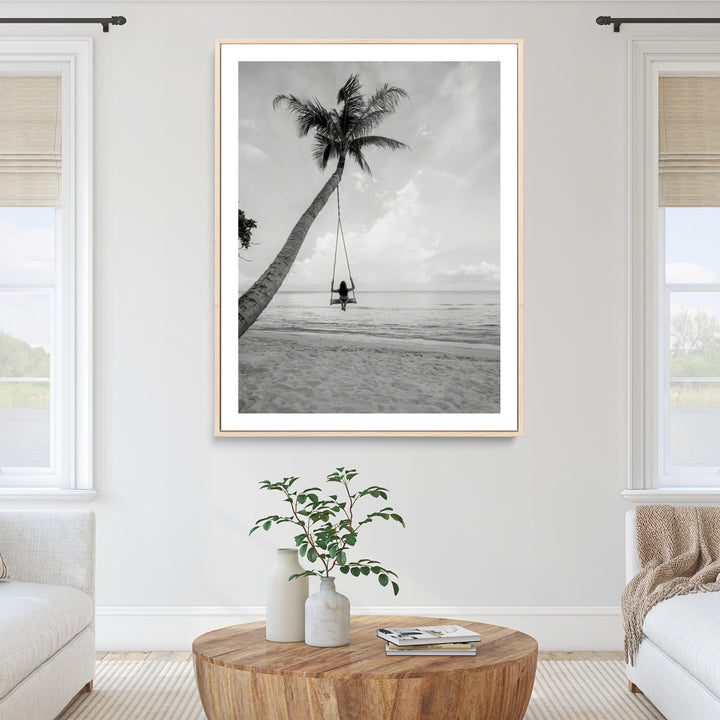 Black White Palm Tree Wall Art Canvas Print, Minimalist Beach Swing Print, Framed Monochrome Coastal Art Print, Large Tropical Ocean