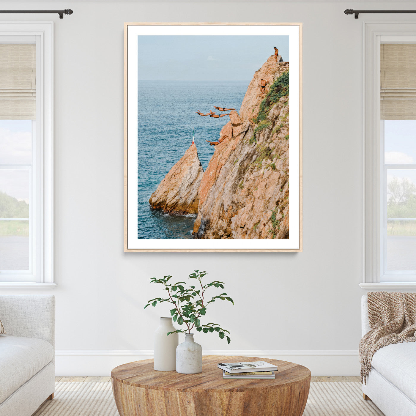 74527880-MGC-FP-36x24_Natural-Cliff Divers Wall Art Canvas Print, Framed Oceanfront Art Picture Print, Coastal Perfect Adventurous Decor